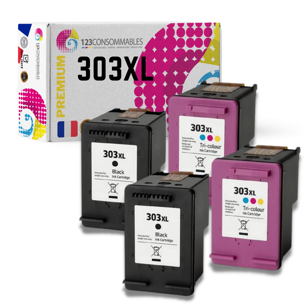 MaxiPack 4 cartouches compatible avec HP 303XL (T6N04AE/T6N03AE) (2 noirs et 2 couleurs)